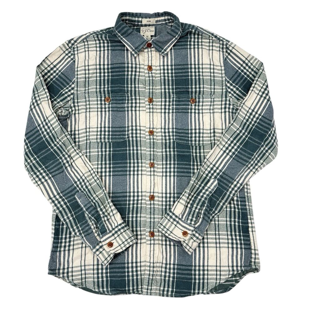 J Crew Button Up Shirt Mens Size Medium Slim Green Plaid Chest Pockets‎ Casual